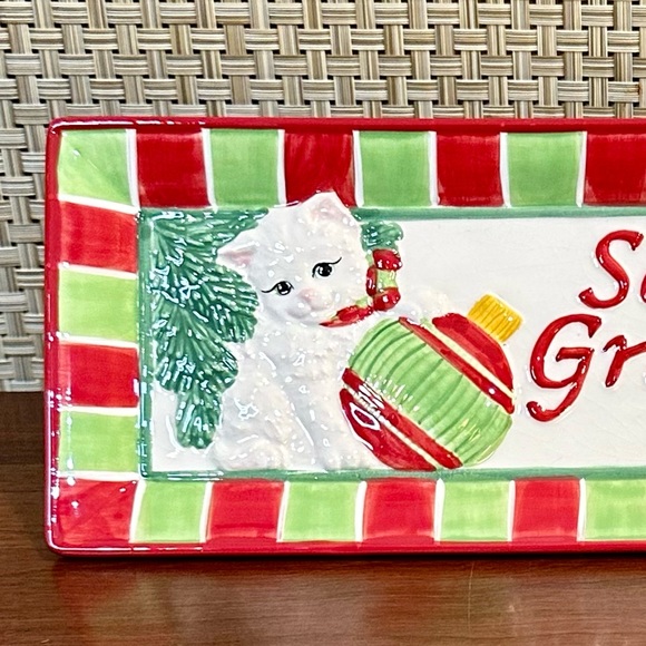 🎄🌟2xHP🌟2008 Fitz & Floyd Christmas Yuletide Kitten Ceramic Tidbit Tray - Picture 2 of 6